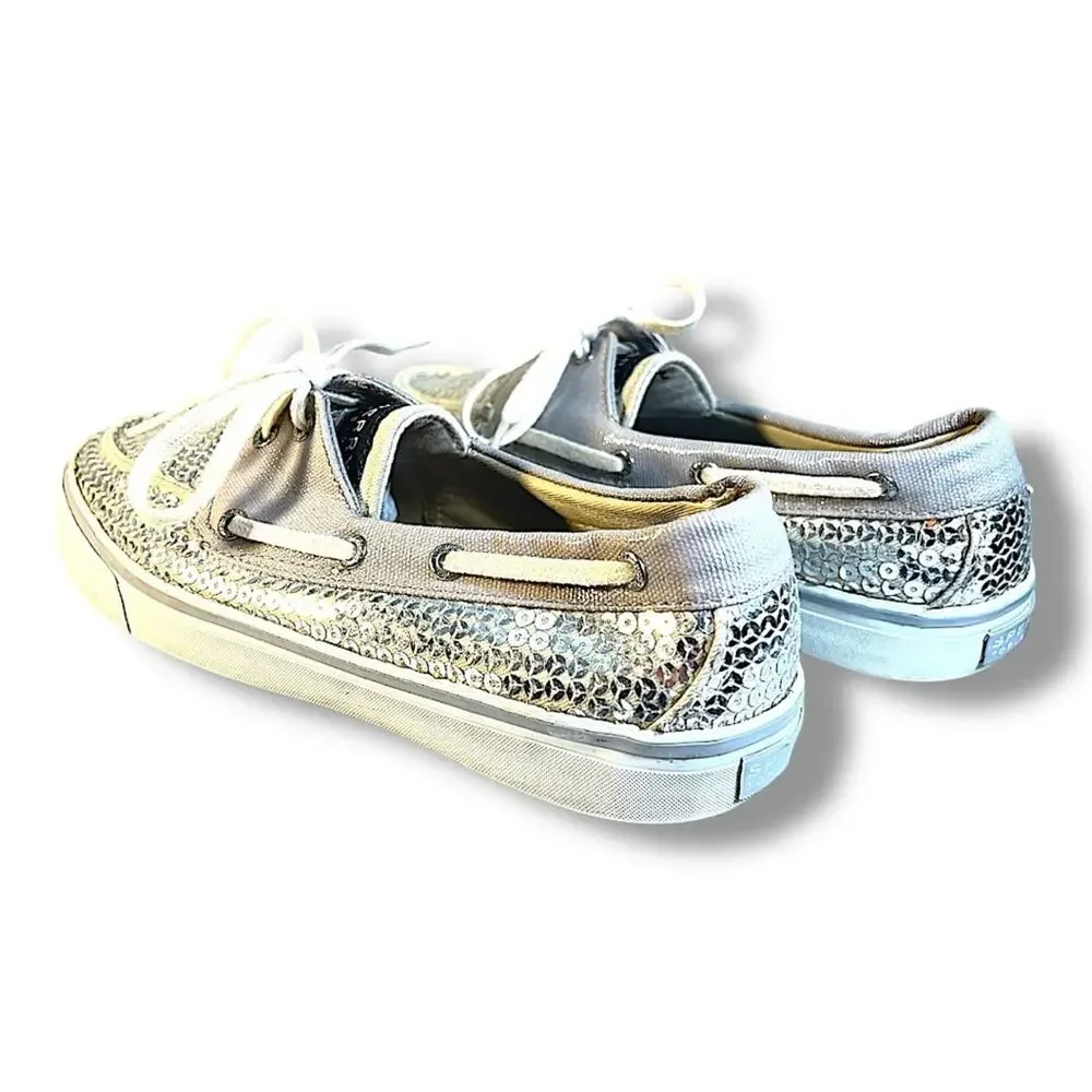 SPERRY TOP SIDERS Silver Sequin and Ivory or beige SZ 7.5